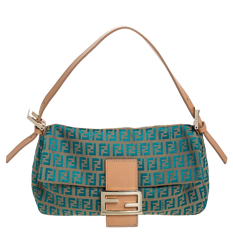 Pre Owned Fendi Blue/Beige Zucchino Canvas Mama Baguette Shoulder Bag