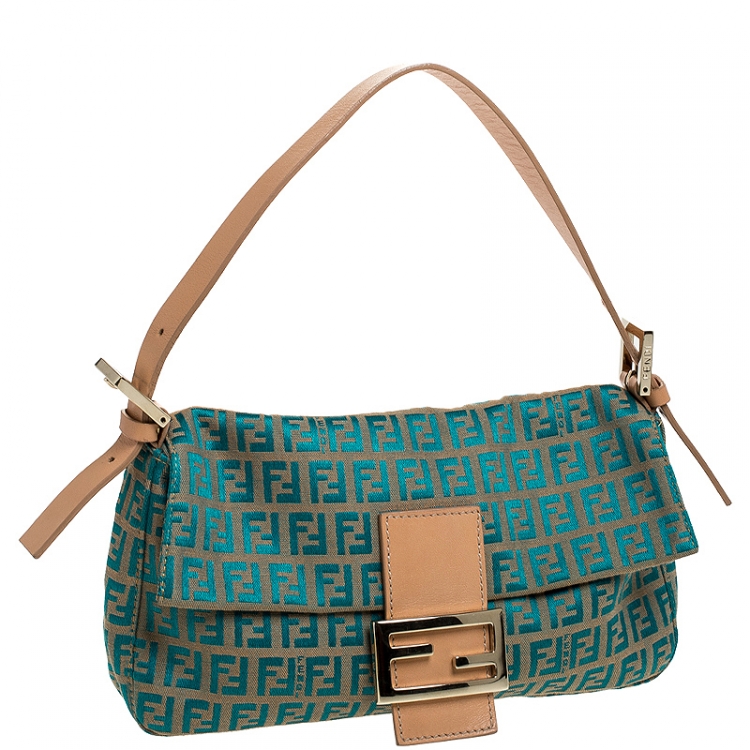 Pre Owned Fendi Blue/Beige Zucchino Canvas Mama Baguette Shoulder Bag