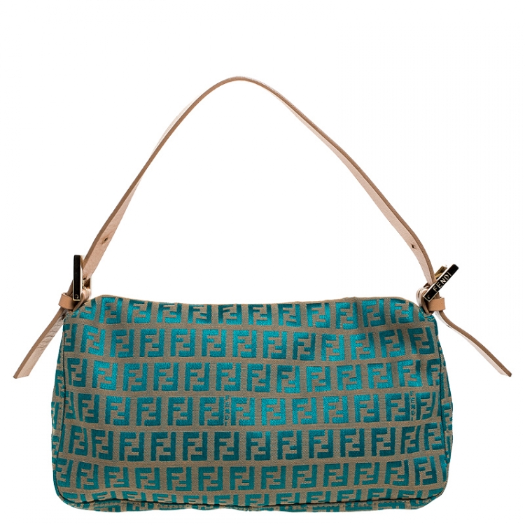 Pre Owned Fendi Blue/Beige Zucchino Canvas Mama Baguette Shoulder Bag