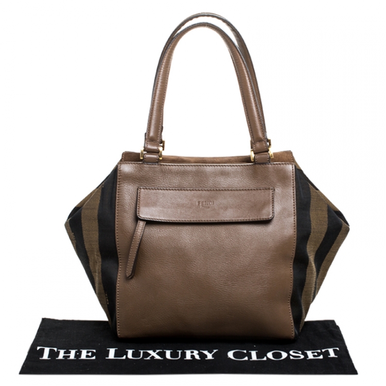 Pre Owned Fendi Tobacco Stripe Pequin Canvas and Leather Satchel
