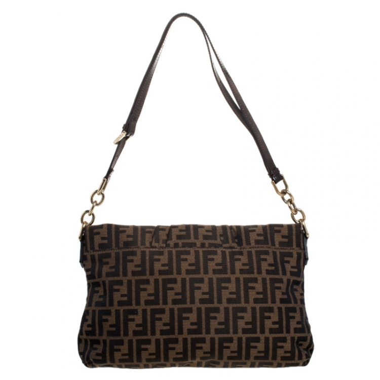 Pre Owned Fendi Tobacco Zucca Canvas Mia Flap Bag
