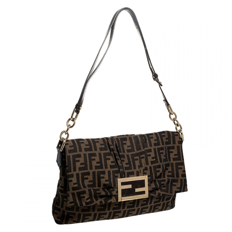 Pre Owned Fendi Tobacco Zucca Canvas Mia Flap Bag