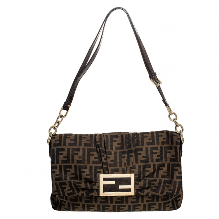 Pre Owned Fendi Tobacco Zucca Canvas Mia Flap Bag