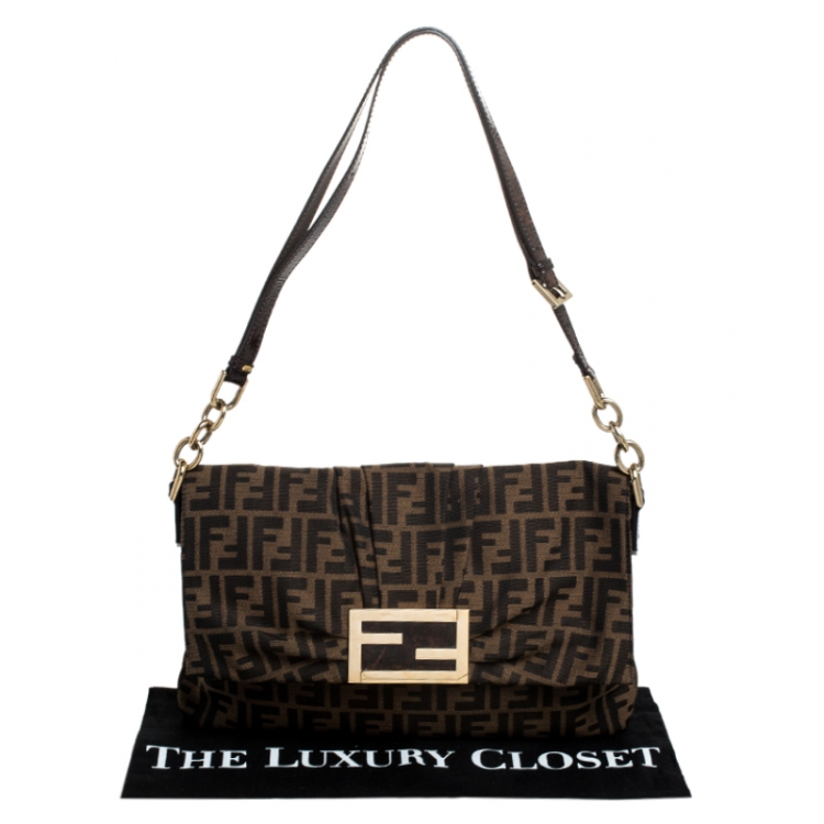 Pre Owned Fendi Tobacco Zucca Canvas Mia Flap Bag