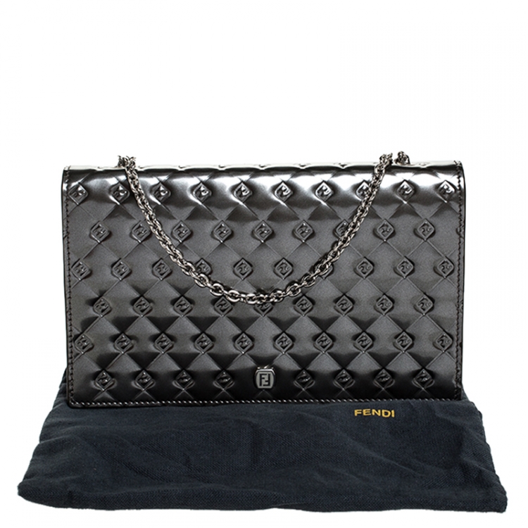 Pre Owned Fendi Metallic Grey Patent Leather Fendilicious Wallet on Chain