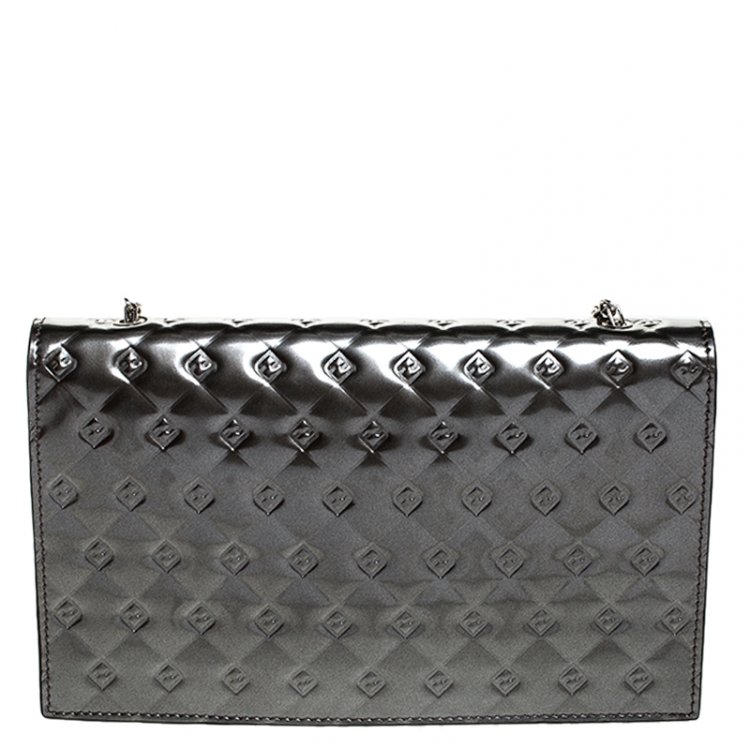 Pre Owned Fendi Metallic Grey Patent Leather Fendilicious Wallet on Chain