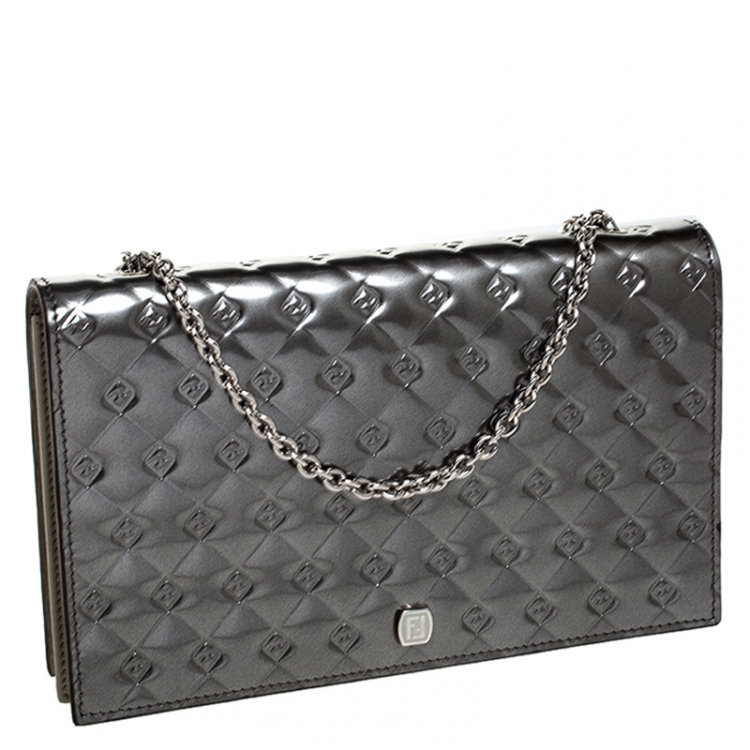 Pre Owned Fendi Metallic Grey Patent Leather Fendilicious Wallet on Chain
