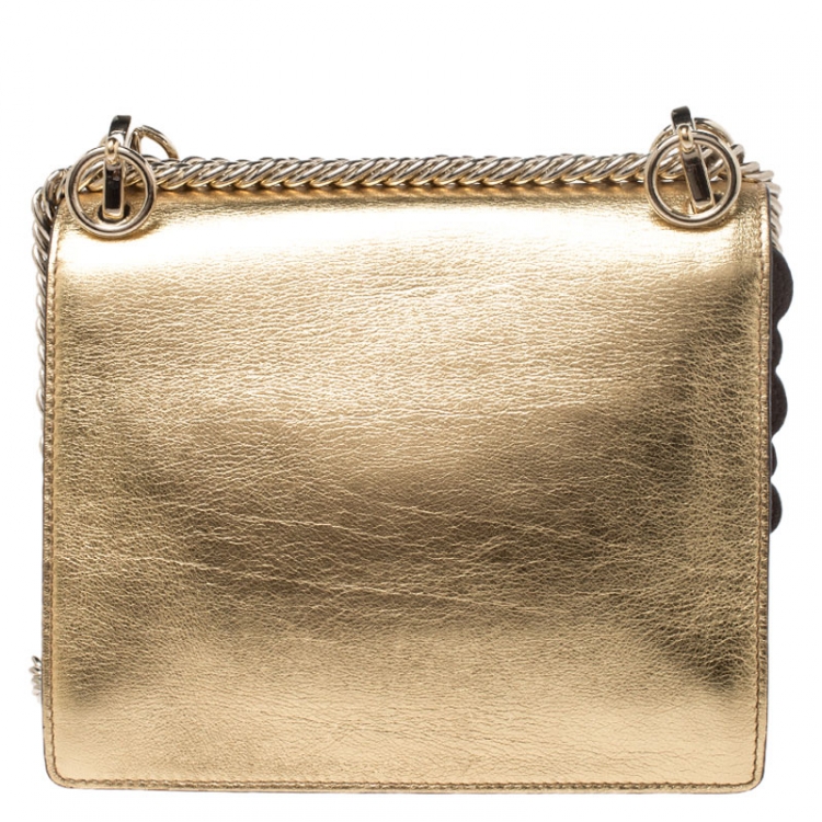 Pre Owned Fendi Gold Metallic Leather Studded Kan I Shoulder Bag