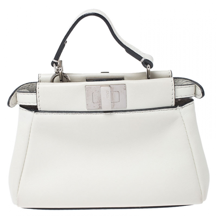 Pre Owned Fendi White Leather Micro Peekaboo Top Handle Bag