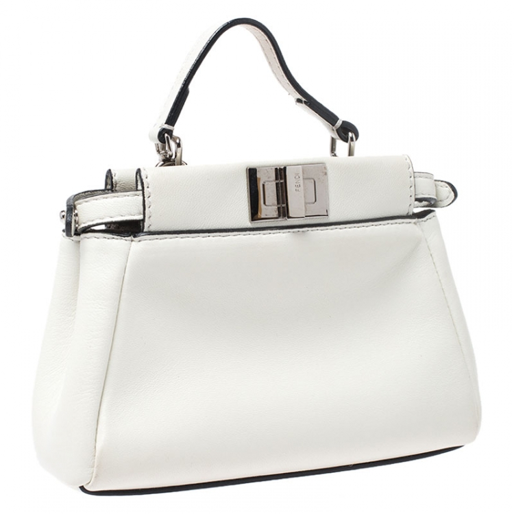 Pre Owned Fendi White Leather Micro Peekaboo Top Handle Bag