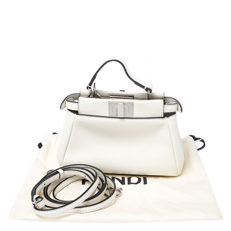 Pre Owned Fendi White Leather Micro Peekaboo Top Handle Bag