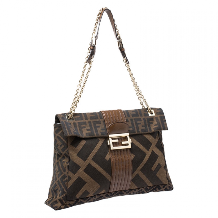 Pre Owned Fendi Tobacco Zucca Canvas Maxi Baguette Flap Shoulder Bag