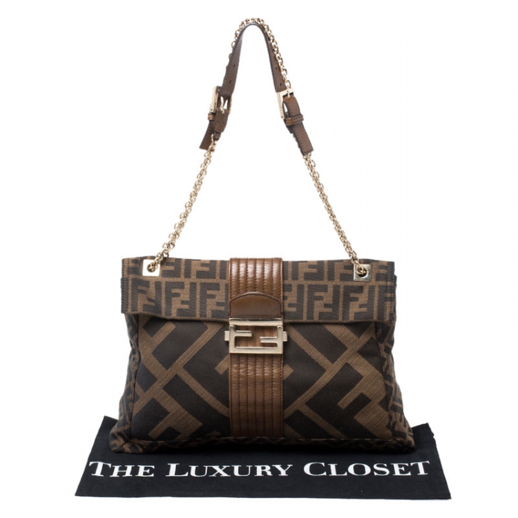 Pre Owned Fendi Tobacco Zucca Canvas Maxi Baguette Flap Shoulder Bag