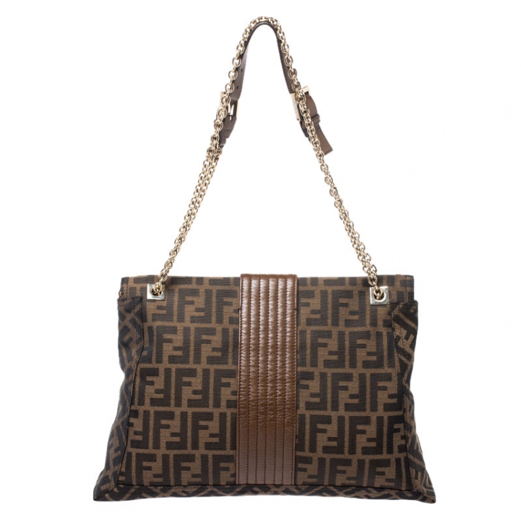 Pre Owned Fendi Tobacco Zucca Canvas Maxi Baguette Flap Shoulder Bag
