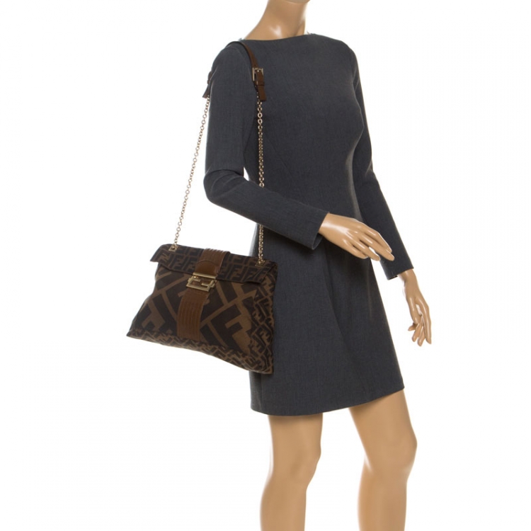Pre Owned Fendi Tobacco Zucca Canvas Maxi Baguette Flap Shoulder Bag