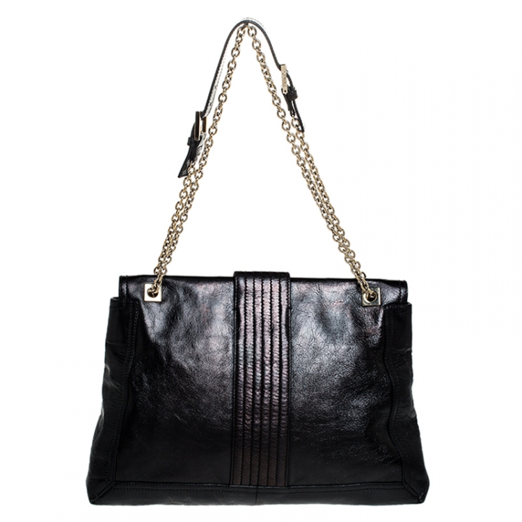 Pre Owned Fendi Black Metallic Leather Maxi Baguette Shoulder Bag