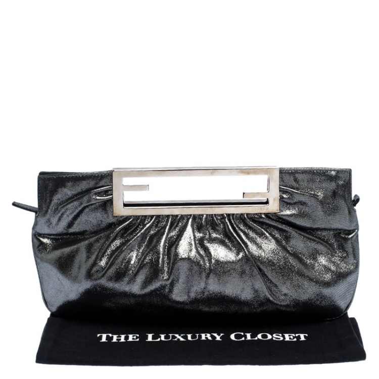 Pre Owned Fendi Metallic Grey Leather Cutout Handle Clutch