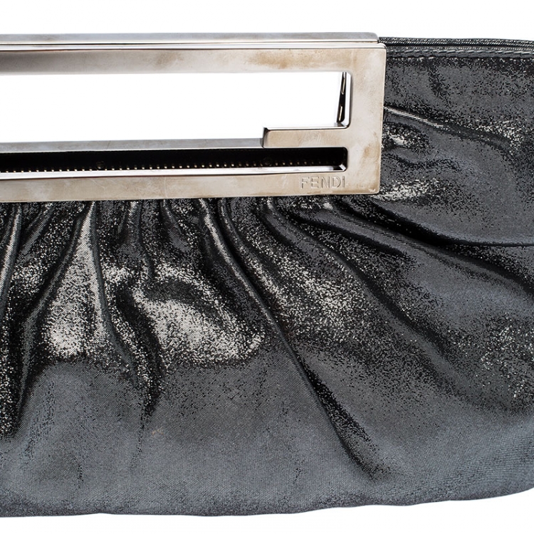 Pre Owned Fendi Metallic Grey Leather Cutout Handle Clutch