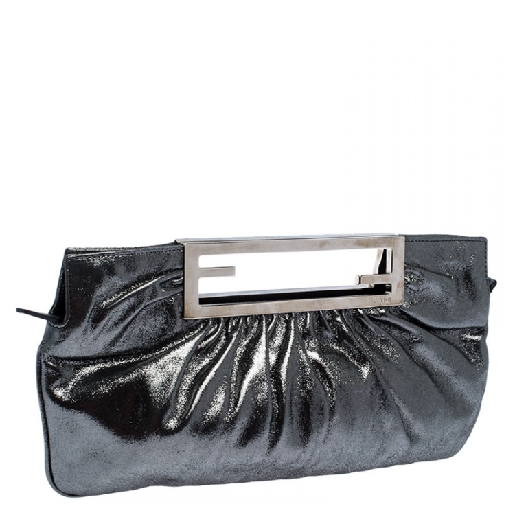 Pre Owned Fendi Metallic Grey Leather Cutout Handle Clutch