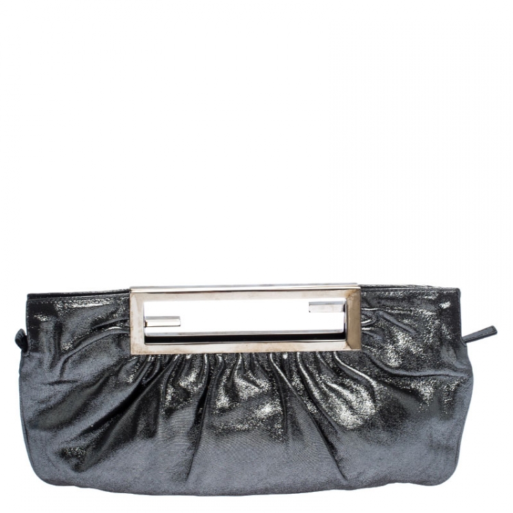 Pre Owned Fendi Metallic Grey Leather Cutout Handle Clutch