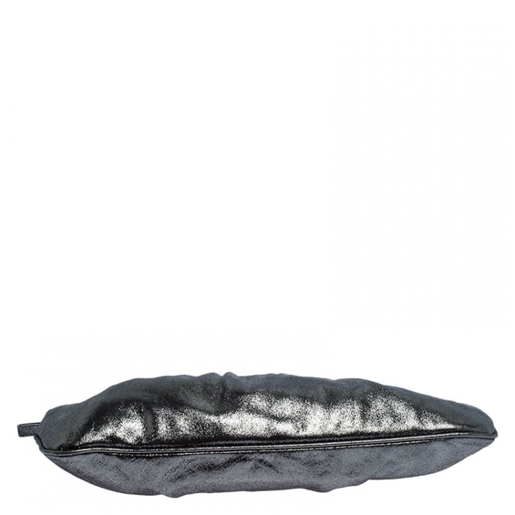 Pre Owned Fendi Metallic Grey Leather Cutout Handle Clutch