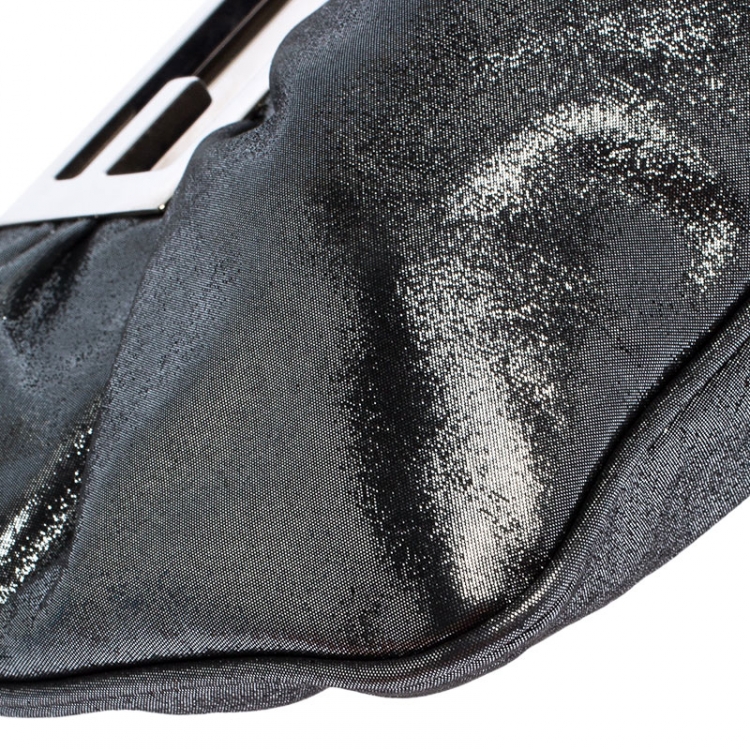Pre Owned Fendi Metallic Grey Leather Cutout Handle Clutch