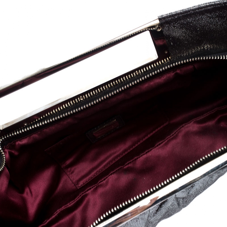 Pre Owned Fendi Metallic Grey Leather Cutout Handle Clutch