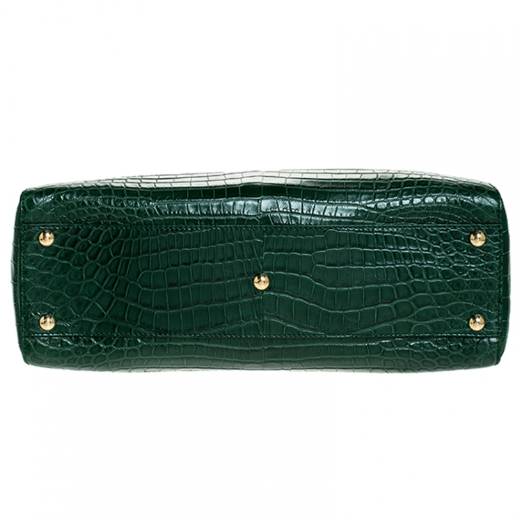 Pre Owned Fendi Green Crocodile Medium Peekaboo Top Handle Bag