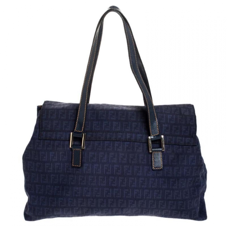 Pre Owned  Fendi Blue Zucchino Canvas and Leather Forever Satchel 