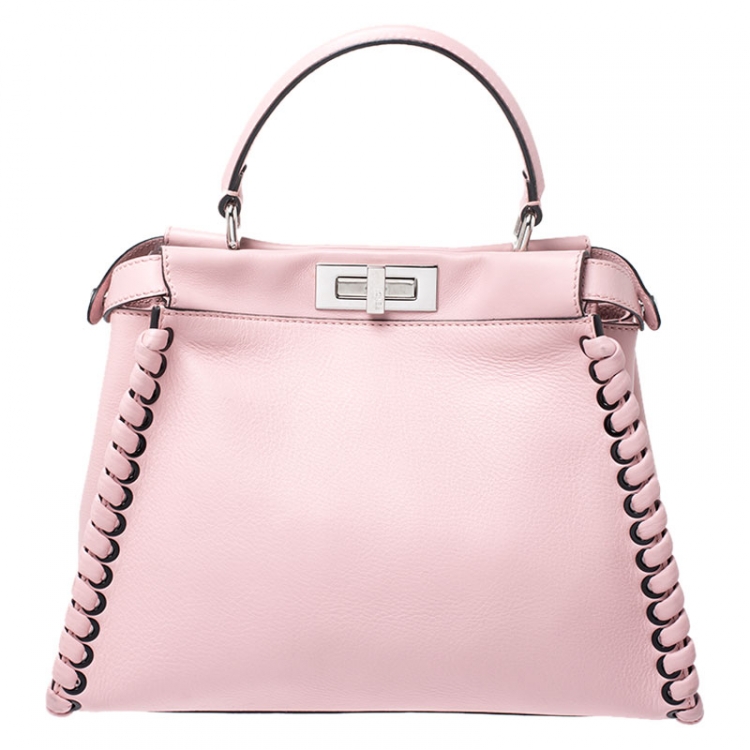 Pre Owned Fendi Pink Leather Medium Whipstitched Peekaboo Top Handle Bag