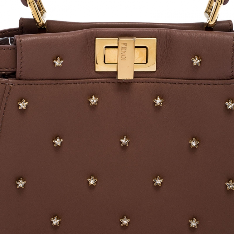 Pre Owned Fendi English Rose Leather Star Crystals Embellished XS Iconic Peekaboo Top Handle Bag