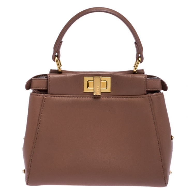 Pre Owned Fendi English Rose Leather Star Crystals Embellished XS Iconic Peekaboo Top Handle Bag
