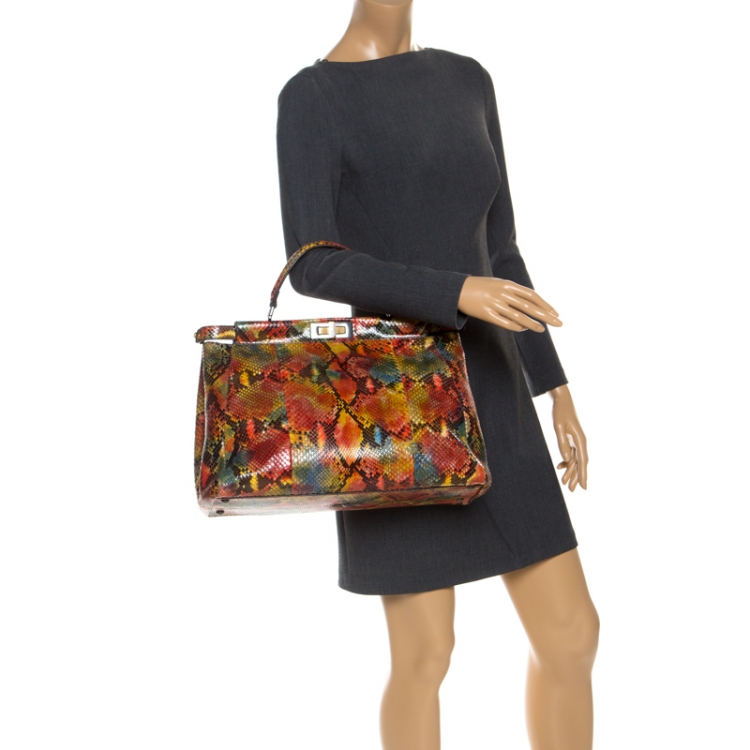 Pre Owned Fendi Multicolor Python Large Peekaboo Top Handle Bag
