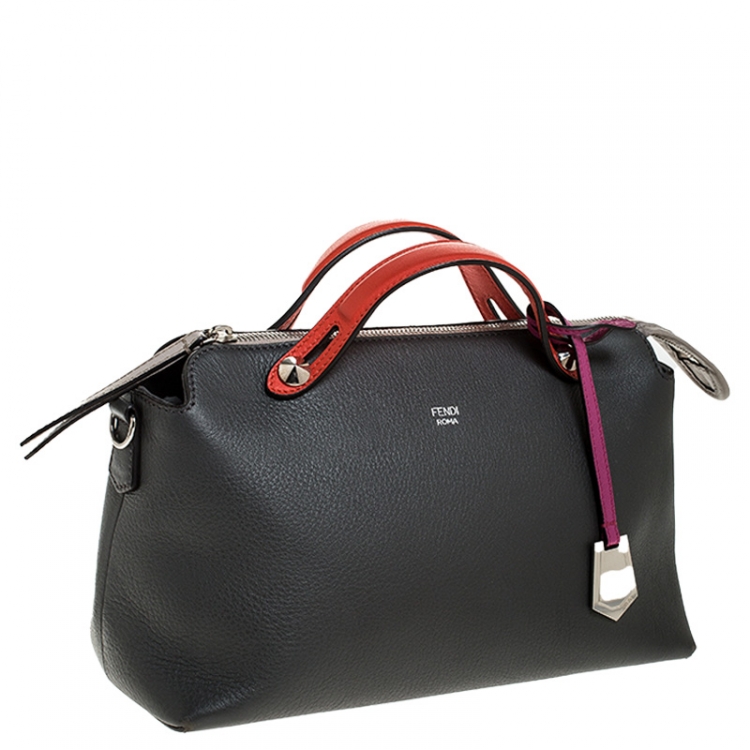 Pre Owned Fendi Grey/Orange Leather By The Way Boston Bag 