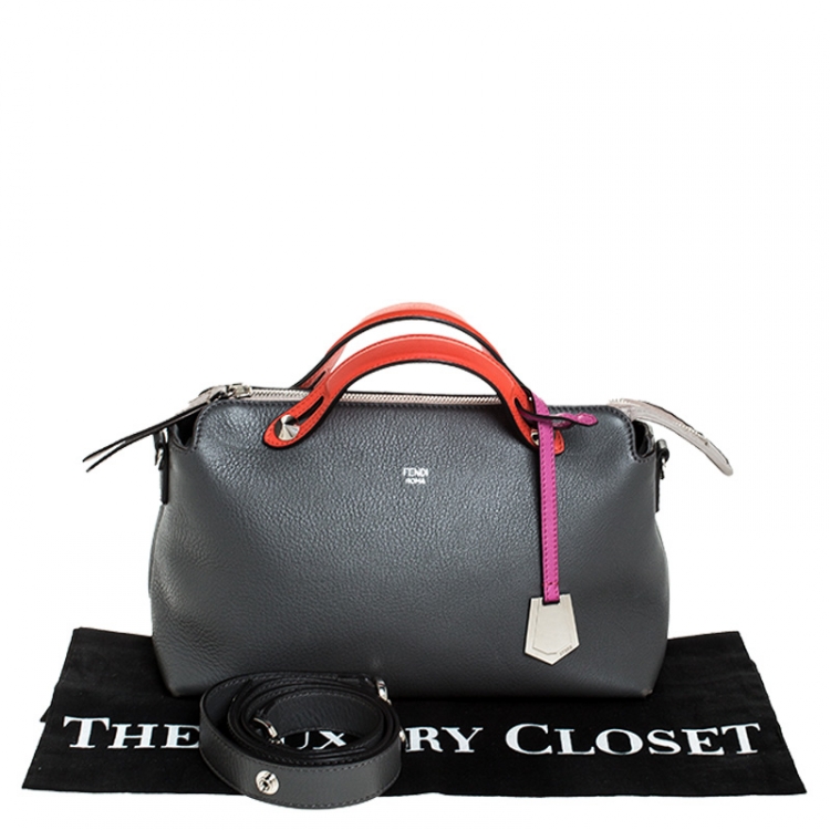 Pre Owned Fendi Grey/Orange Leather By The Way Boston Bag 