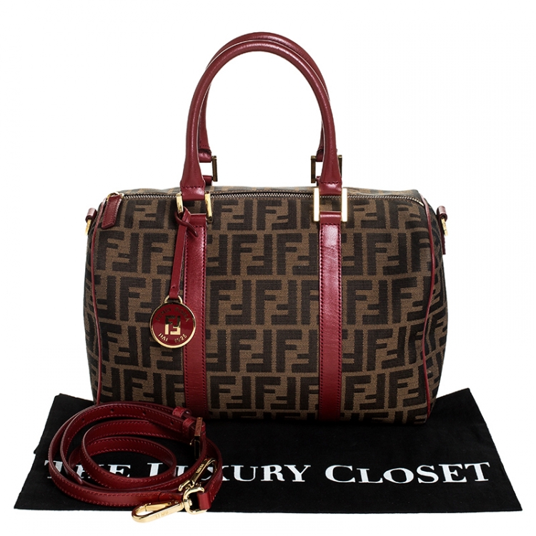 Pre Owned Fendi Tobacco Zucca Red Lining Canvas Medium Forever Bauletto Boston Bag