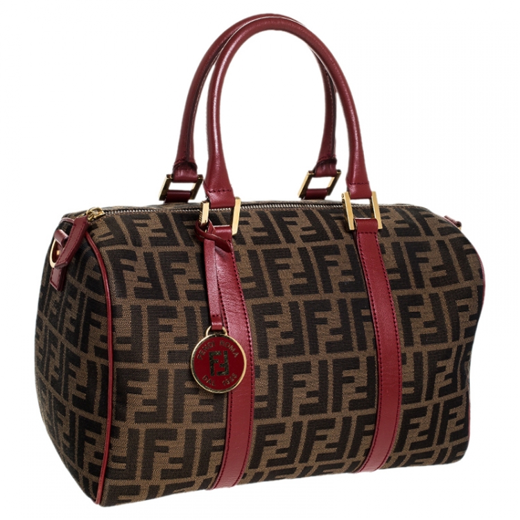 Pre Owned Fendi Tobacco Zucca Red Lining Canvas Medium Forever Bauletto Boston Bag