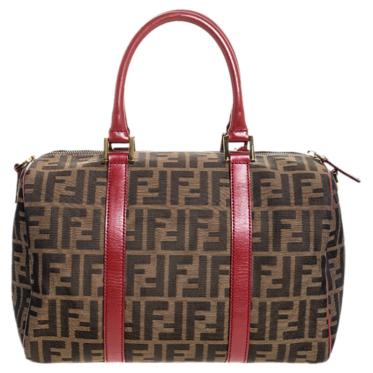 Pre Owned Fendi Tobacco Zucca Red Lining Canvas Medium Forever Bauletto Boston Bag