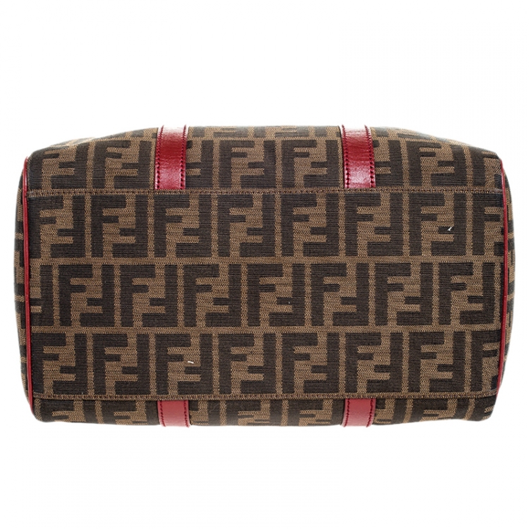 Pre Owned Fendi Tobacco Zucca Red Lining Canvas Medium Forever Bauletto Boston Bag
