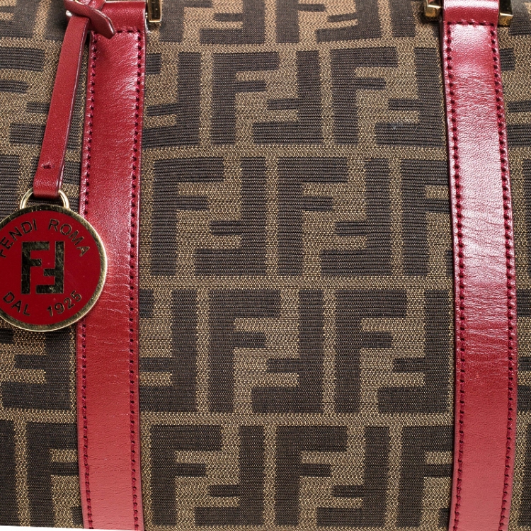 Pre Owned Fendi Tobacco Zucca Red Lining Canvas Medium Forever Bauletto Boston Bag
