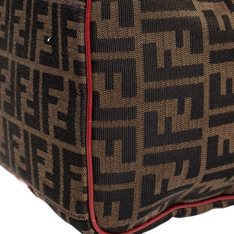 Pre Owned Fendi Tobacco Zucca Red Lining Canvas Medium Forever Bauletto Boston Bag