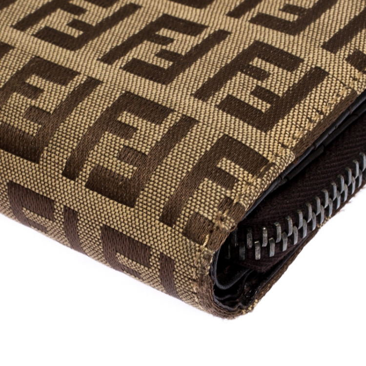 Pre Owned  Fendi Brown/Beige Zucchino Canvas Zip Around Compact Wallet 