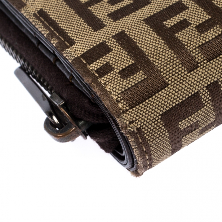 Pre Owned  Fendi Brown/Beige Zucchino Canvas Zip Around Compact Wallet 