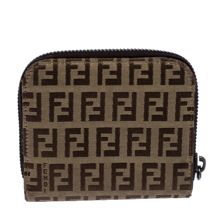 Pre Owned  Fendi Brown/Beige Zucchino Canvas Zip Around Compact Wallet 
