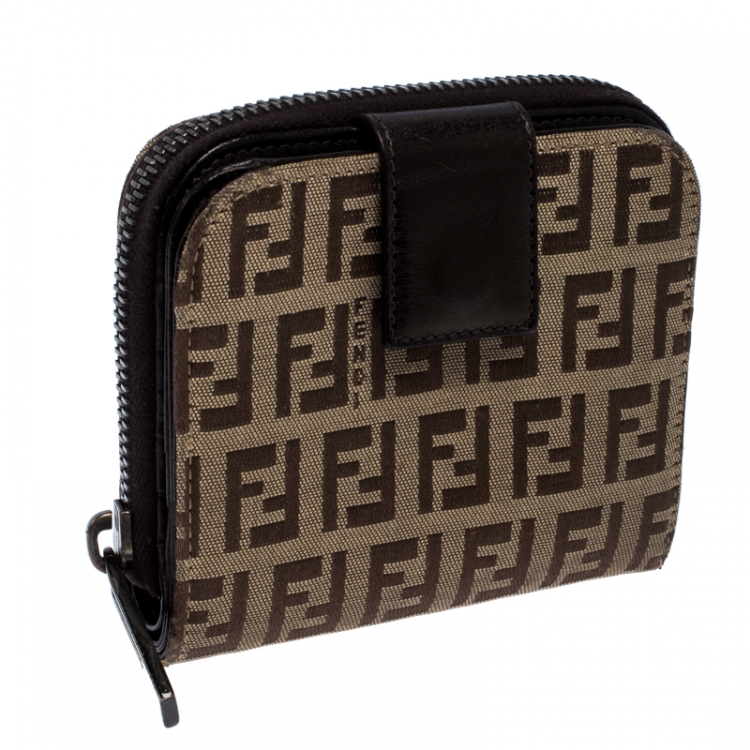 Pre Owned  Fendi Brown/Beige Zucchino Canvas Zip Around Compact Wallet 