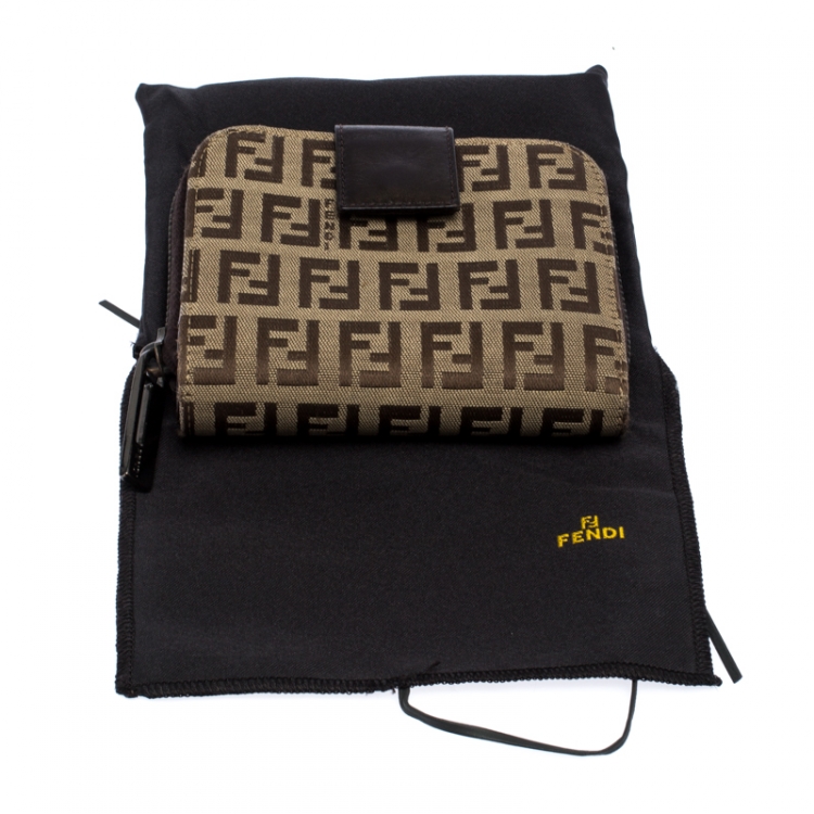 Pre Owned  Fendi Brown/Beige Zucchino Canvas Zip Around Compact Wallet 