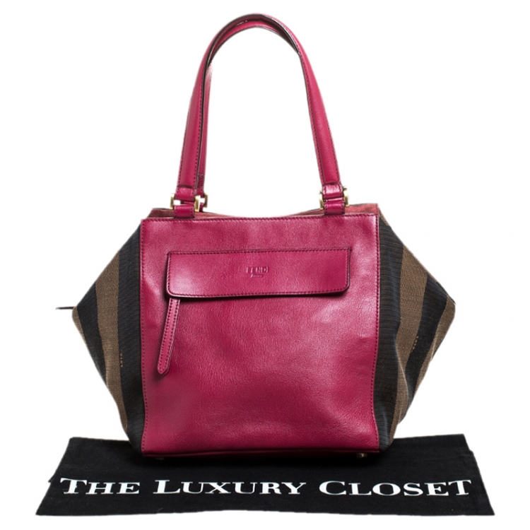 Pre Owned Fendi Fuchsia Pequin Stripe Canvas and Leather Boston Bag