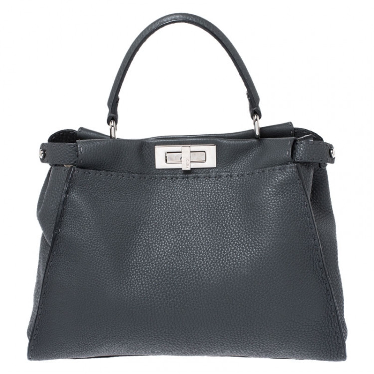 Pre Owned Fendi Grey Selleria Leather Medium Peekaboo Top Handle Bag