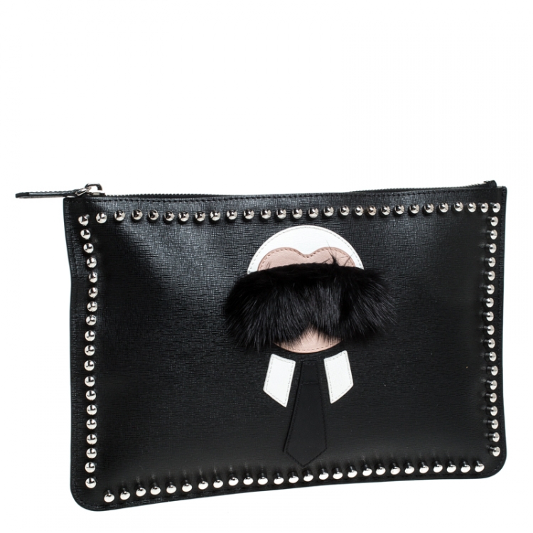 Pre Owned Fendi Black Saffiano Leather Karlito Clutch