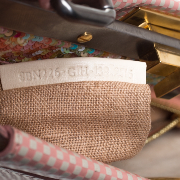 مملوكة مسبقًا Fendi Pink/White Checkered Leather Sequin Lining Medium Peekaboo Top Handle Bag